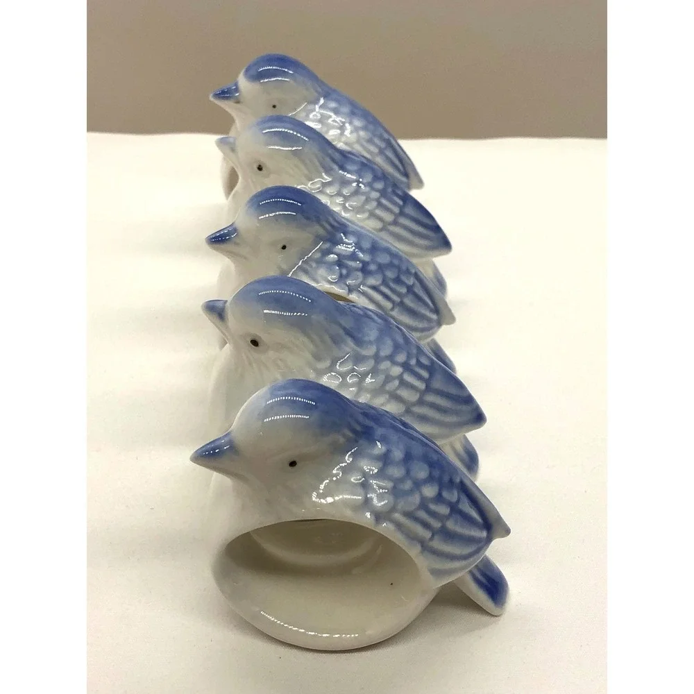 Vintage Bluebird Porcelain Napkin Rings Figurines Set of 5 Made in Taiwan